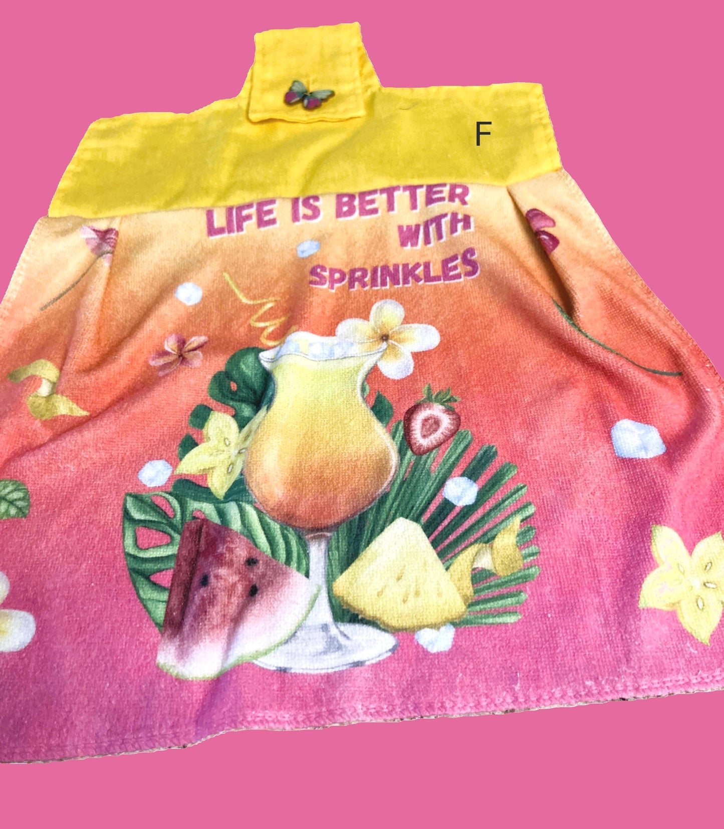 SUMMERTIME food and drinks pictured on hanging towels