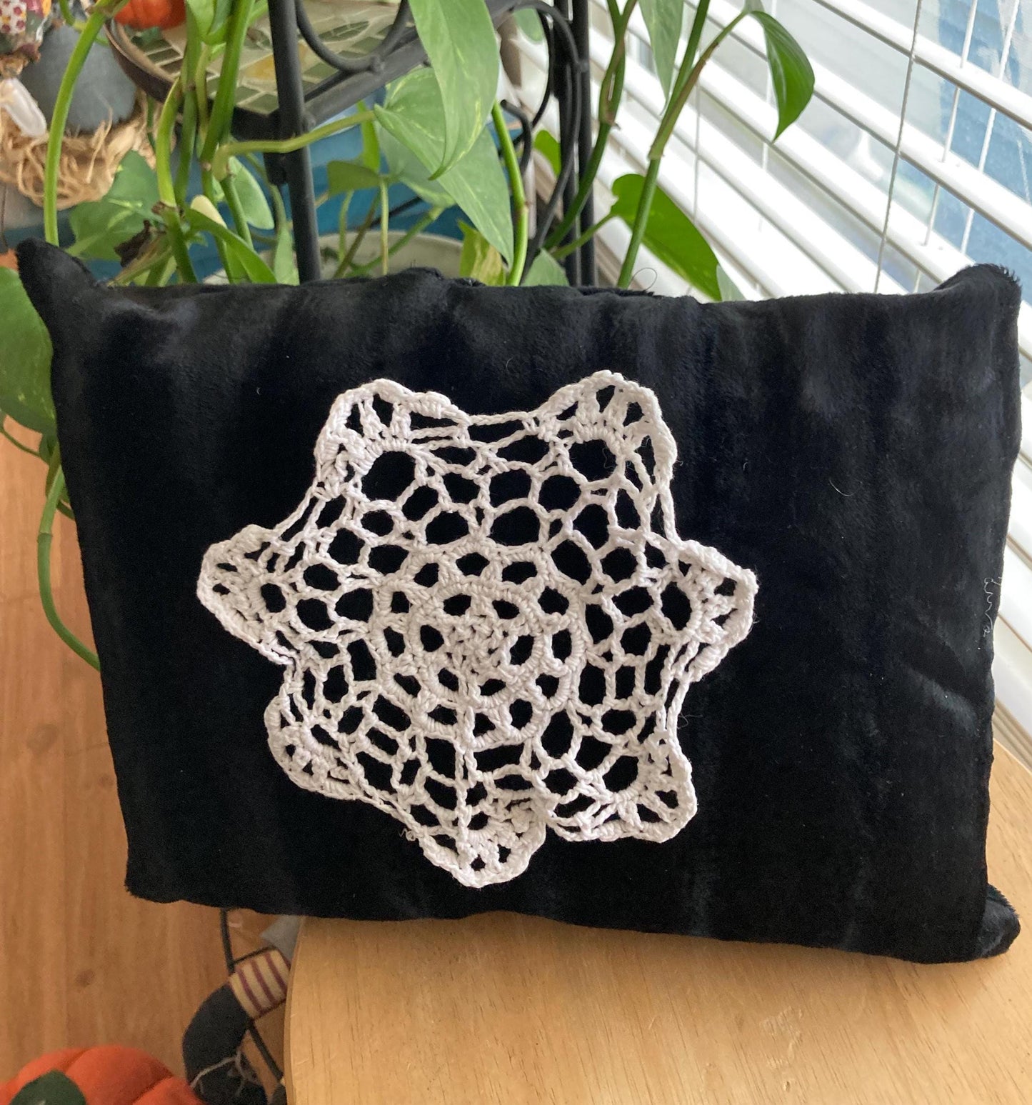 Black Velvet Pillow with Doily