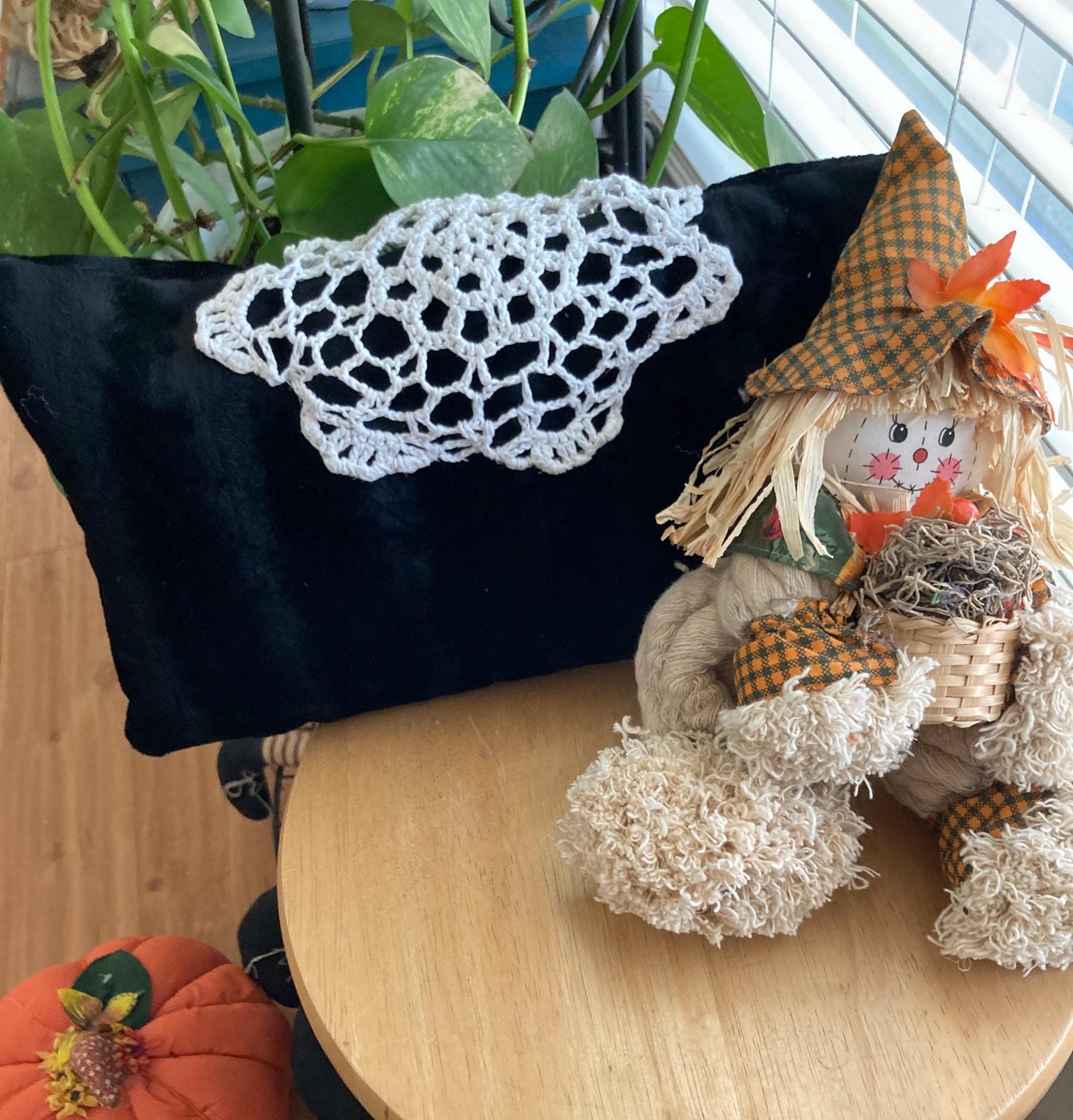 Black Velvet Pillow with Doily