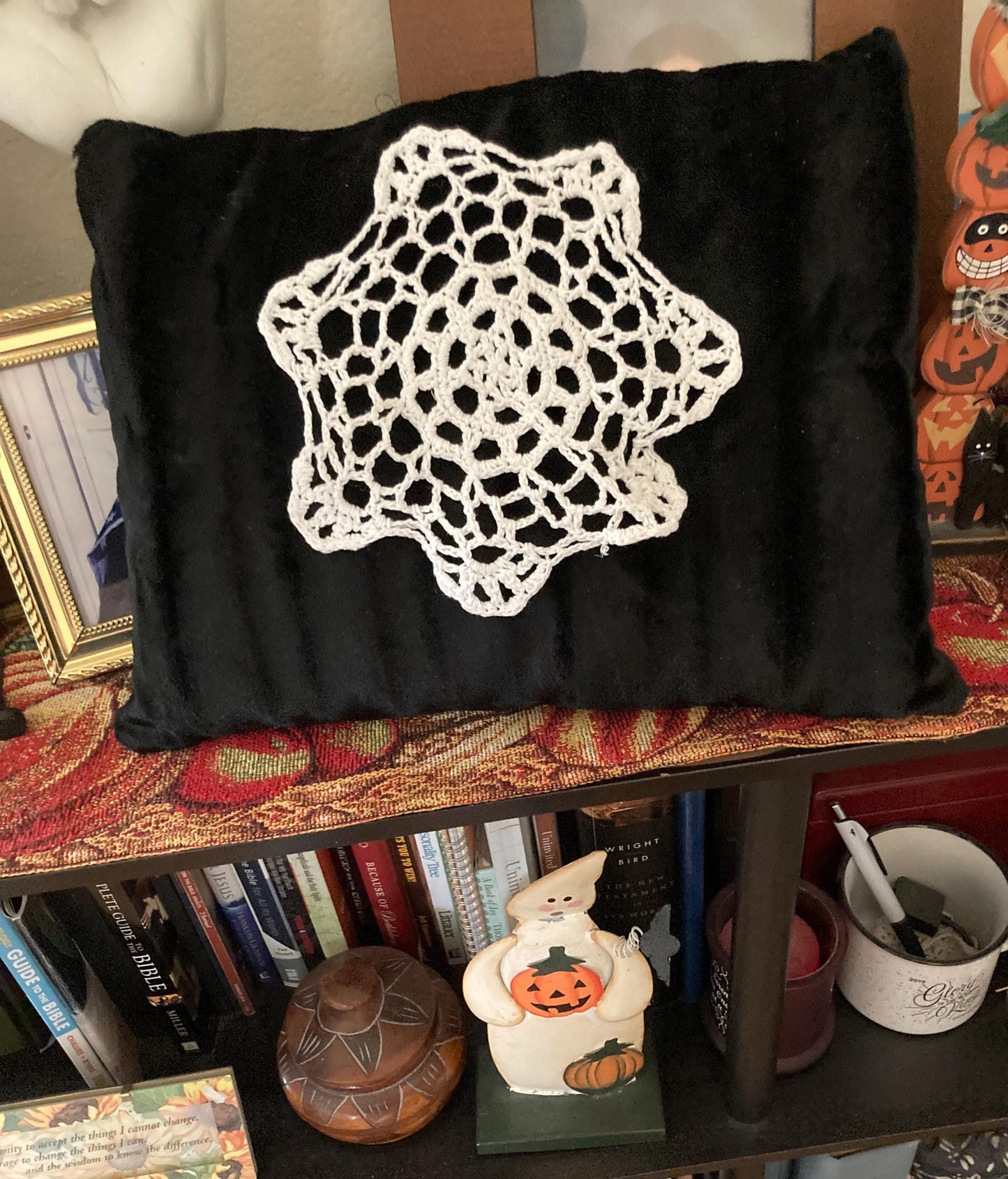 Black Velvet Pillow with Doily