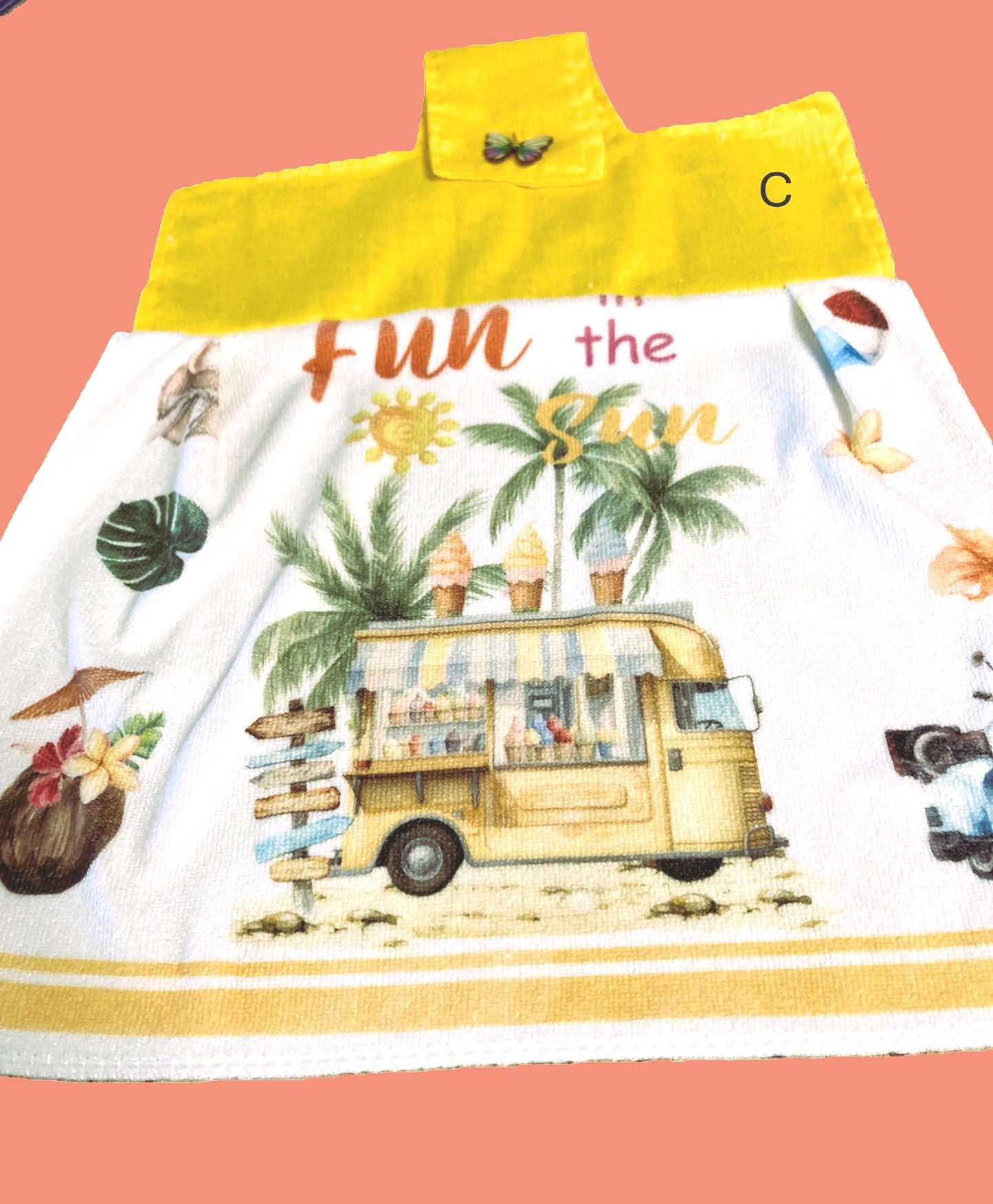 SUMMERTIME food and drinks pictured on hanging towels