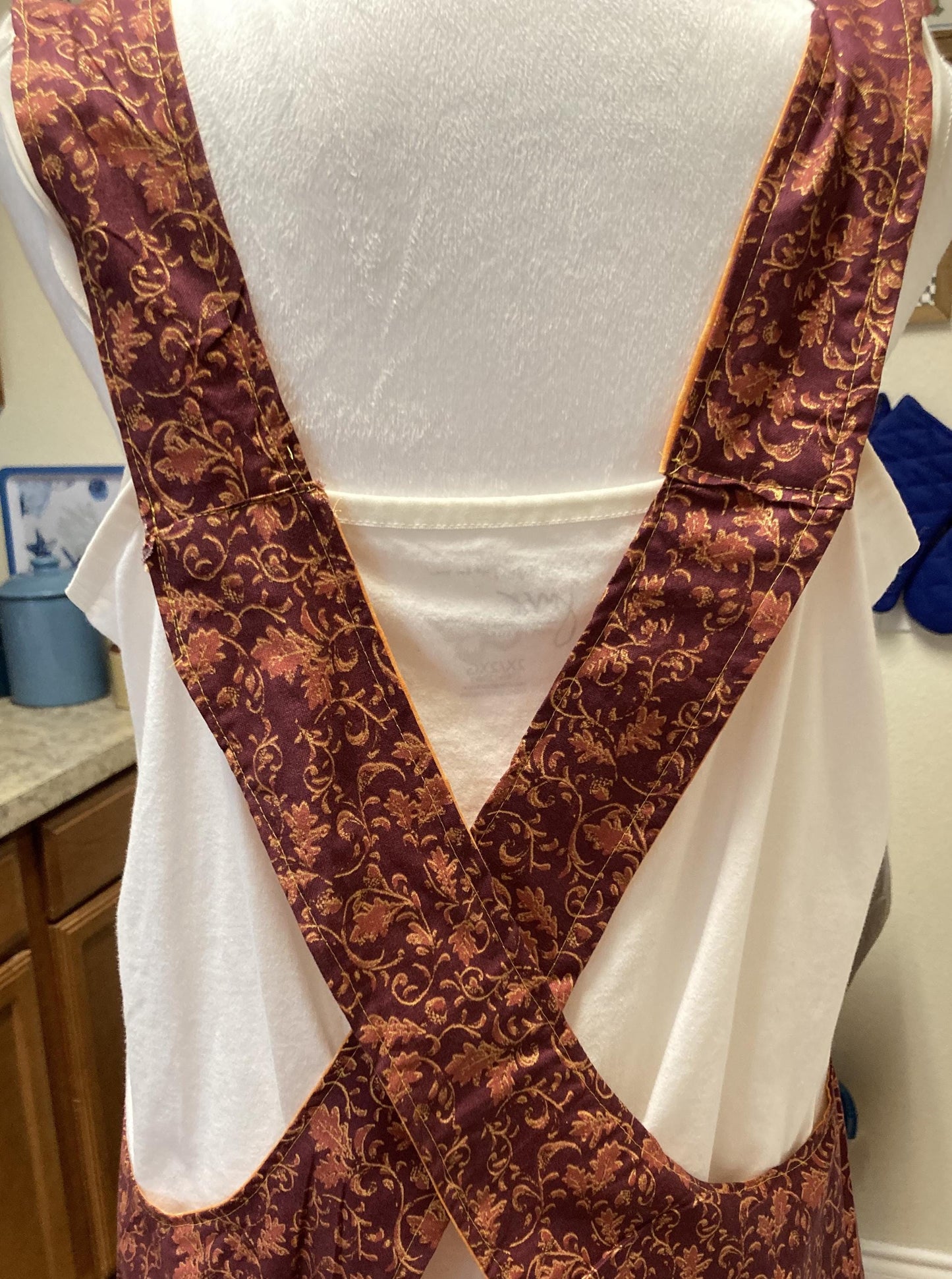 MOM Cross Back Apron and Half Apron in browns and golds