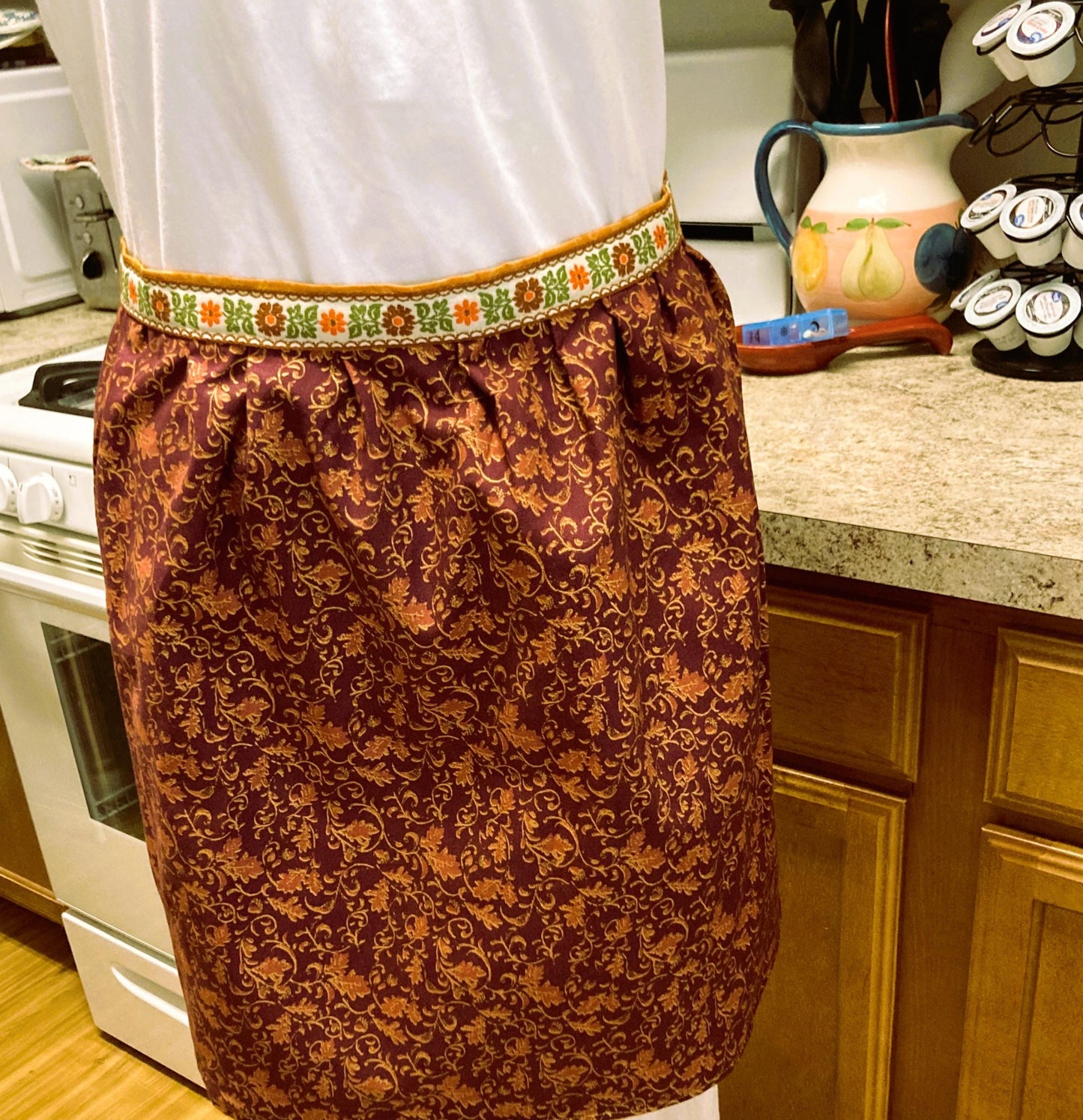 MOM Cross Back Apron and Half Apron in browns and golds